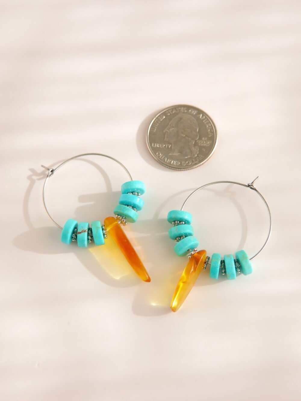 Turquoise Hoop Earrings with Baltic Amber - Picture 5 of 5